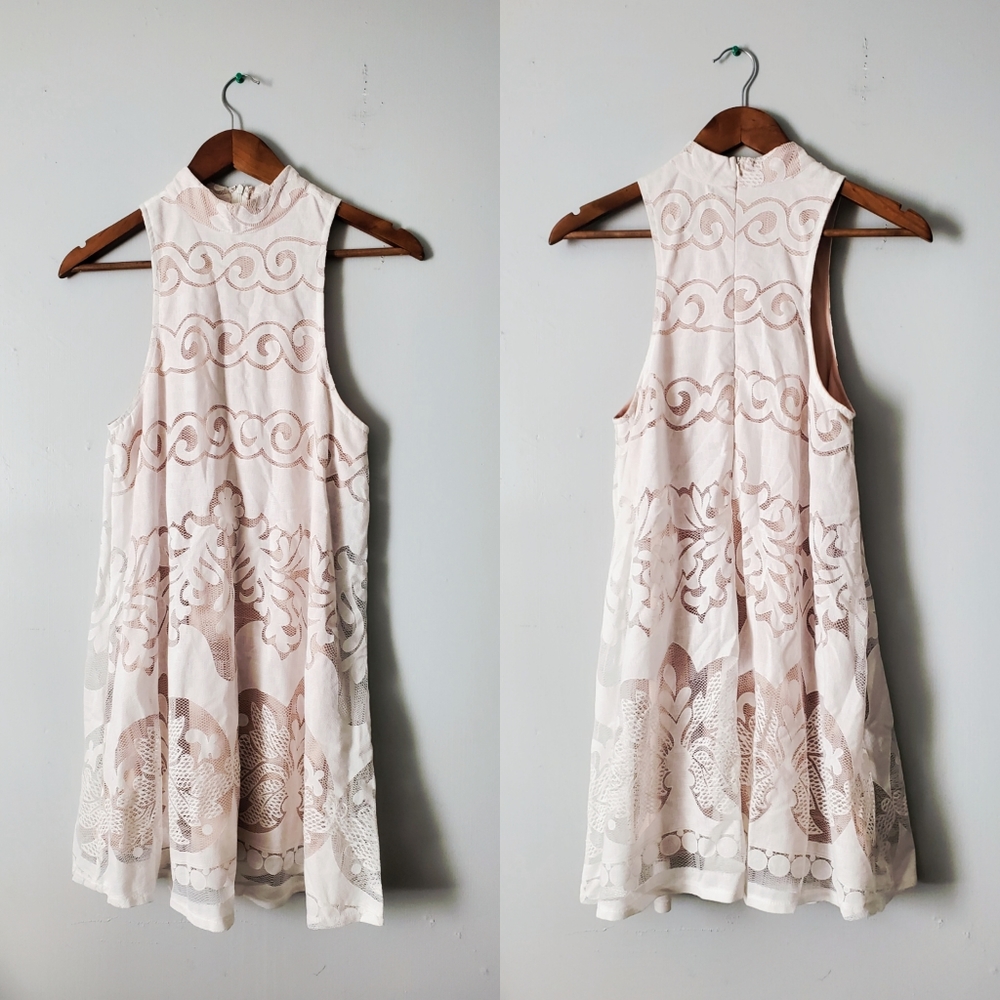 Tobi | A-line Halter Lace Eyelet Overlay Sleeveless Mini Tunic Dress